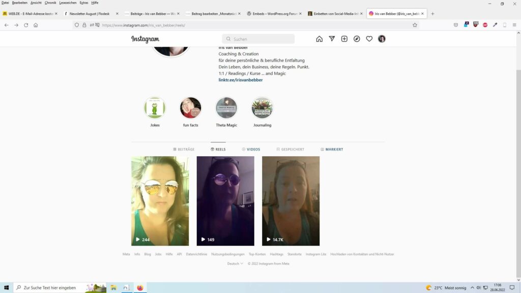 drei Reels auf einem Instagram Account. 2x ein Frauenkopf mit Sonnenbrille, einmal ein Frauenklopf ohne Brille