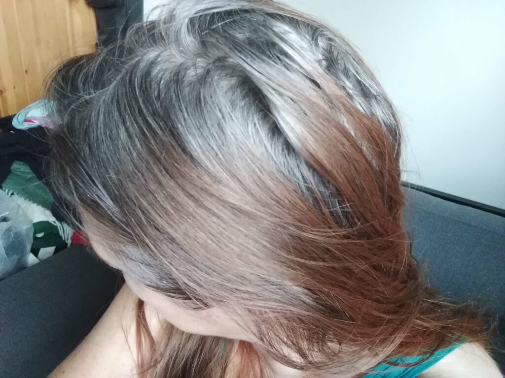 Frauenkopf mit roten Haaren und grauem Haaransatz