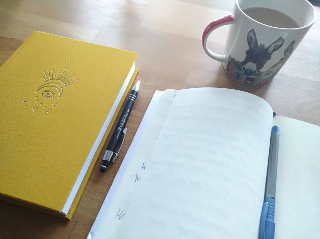 links liegt ein gelbes Notizbuch, rechts daneben ein anderen Notizbuch, aufgeschlagen, in der Mittte liegt ein Stift, oben ist eine Kaffeetasse zu sehen mit einem Eselmotiv