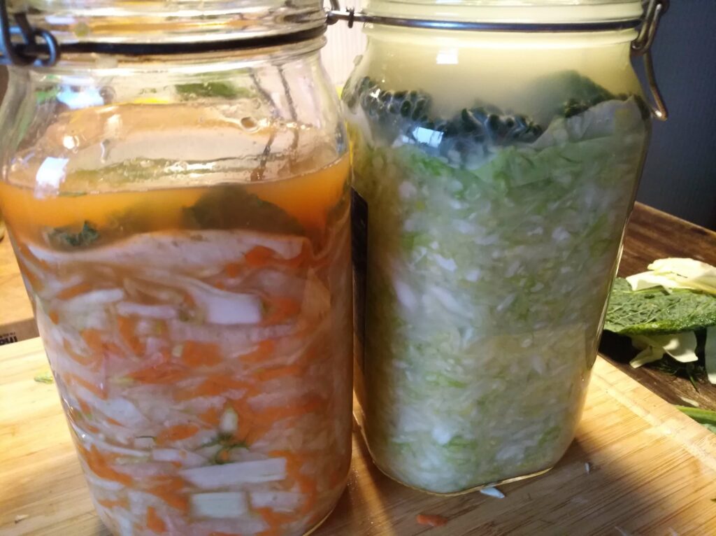 zwei Einmachgläser mit fermentiertem Gemüse